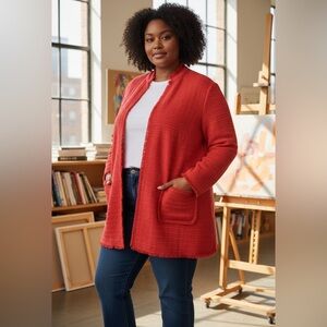 🔥 Chico’s Textured Open-Front Jacket – Vibrant Red, Chic Layering Piece!